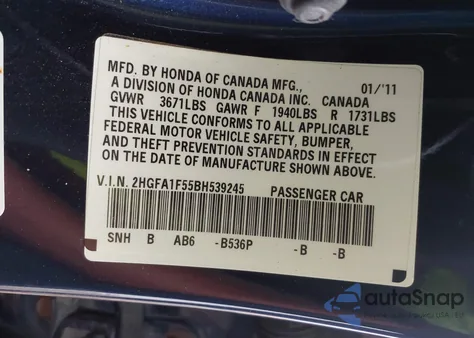 2011 Honda Civic Lx z USA, uszkodzony, nr VIN 2HGFA1F55BH539245